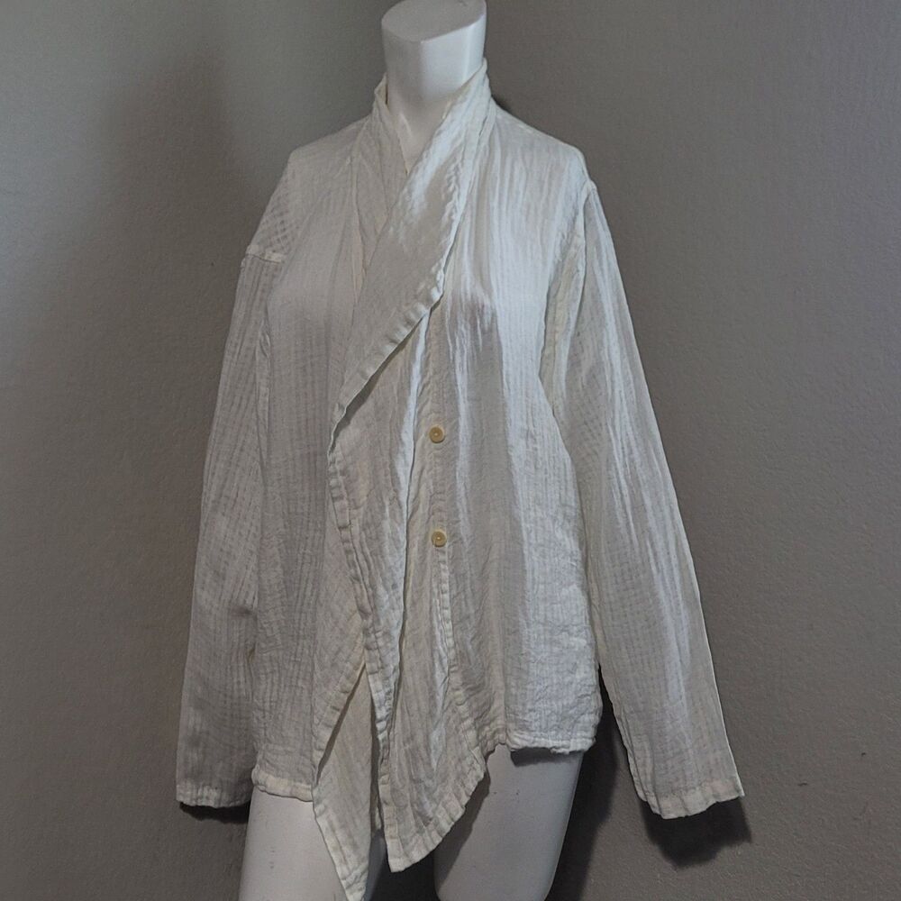 Flax Large top 100% linen tunic button sheer collar longsleeve lightweight white